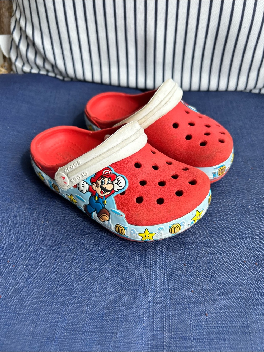 Kids Red Crocs Super Mario Clog Sandals with White Strap size C7